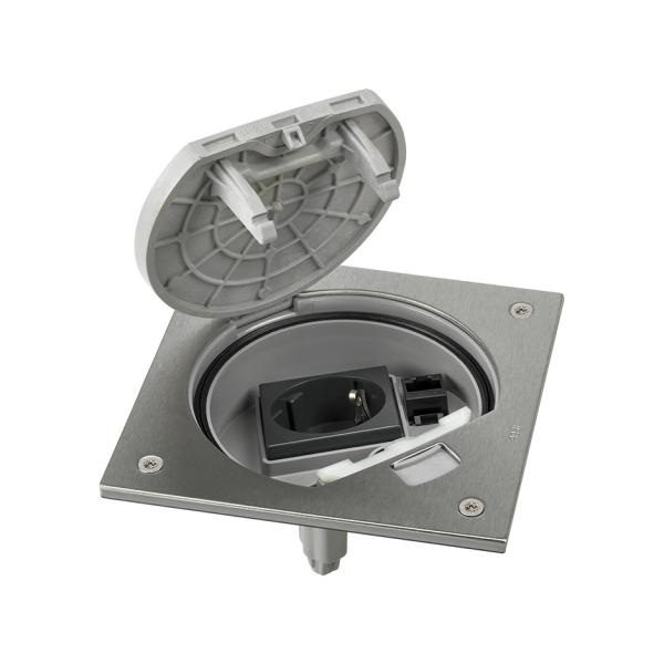 Unidad portamecanismos IP66 con cierre manual y una base de enchufe schuko con 1RJ45 categoría 6 UTP acero inox Simon K45