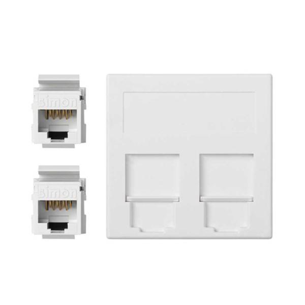 Placa de voz y datos plana con guardapolvo de 1 elemento con 2 RJ45 categoría 5e UTP blanco Simon 500 Cima
