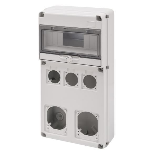 CAJA DISTR.Q-DIN 10 MOD.+3 T.RESIDENCIALES 50x50mm+2 BAS.IEC 16/32A IP65