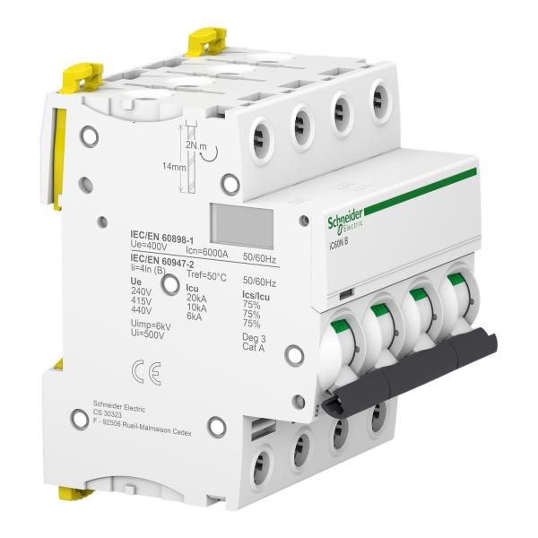 Magnetotérmico, Acti9 iC60N, 4P, 6 A, B curva, 6000 A (IEC 60898-1), 10 kA (IEC 60947-2)
