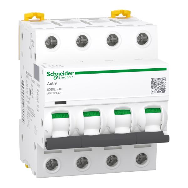 Magnetotérmico, Acti9 iC60L, 4P, 40 A, Z curva, 15000 A (IEC 60898-1), 20 kA (IEC 60947-2)