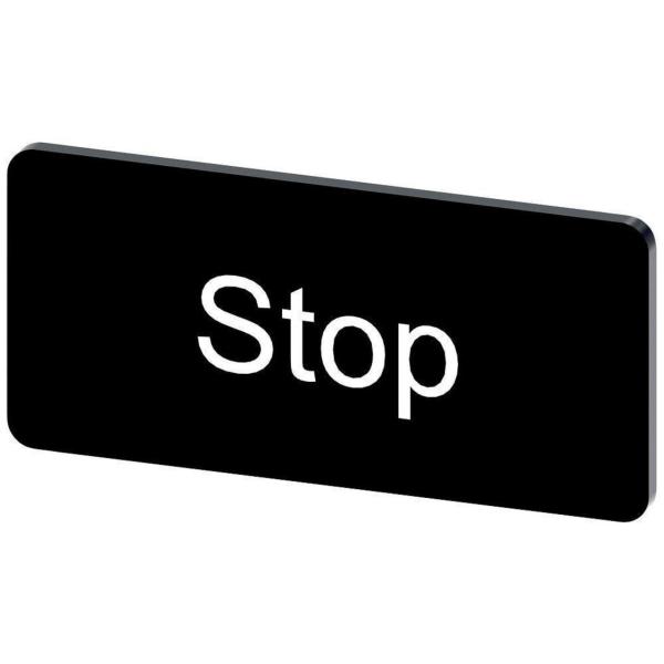 PLAQUITA 12,5x27mm NEGRO LETRAS BLANCO INSCRIPCIÓN STOP
