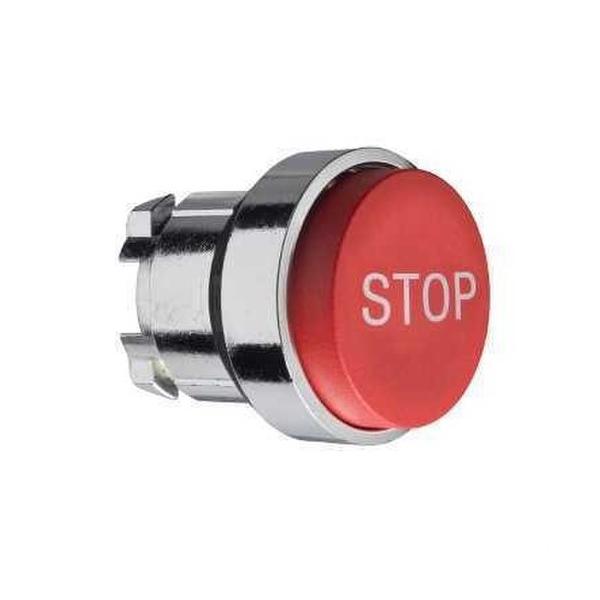 CABEZA PULSADOR DIÁMETRO 22 SALIENTE ROJO "STOP" BLANCO EMBELLECEDOR METÁLICO