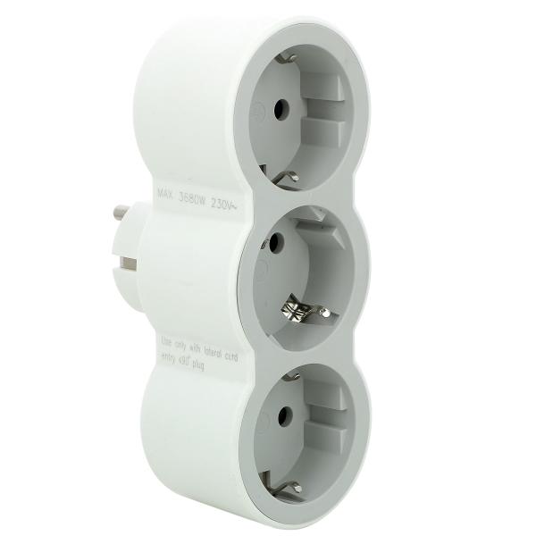 Adaptador triple 3x2P+T de entrada frontal. Blanco y gris